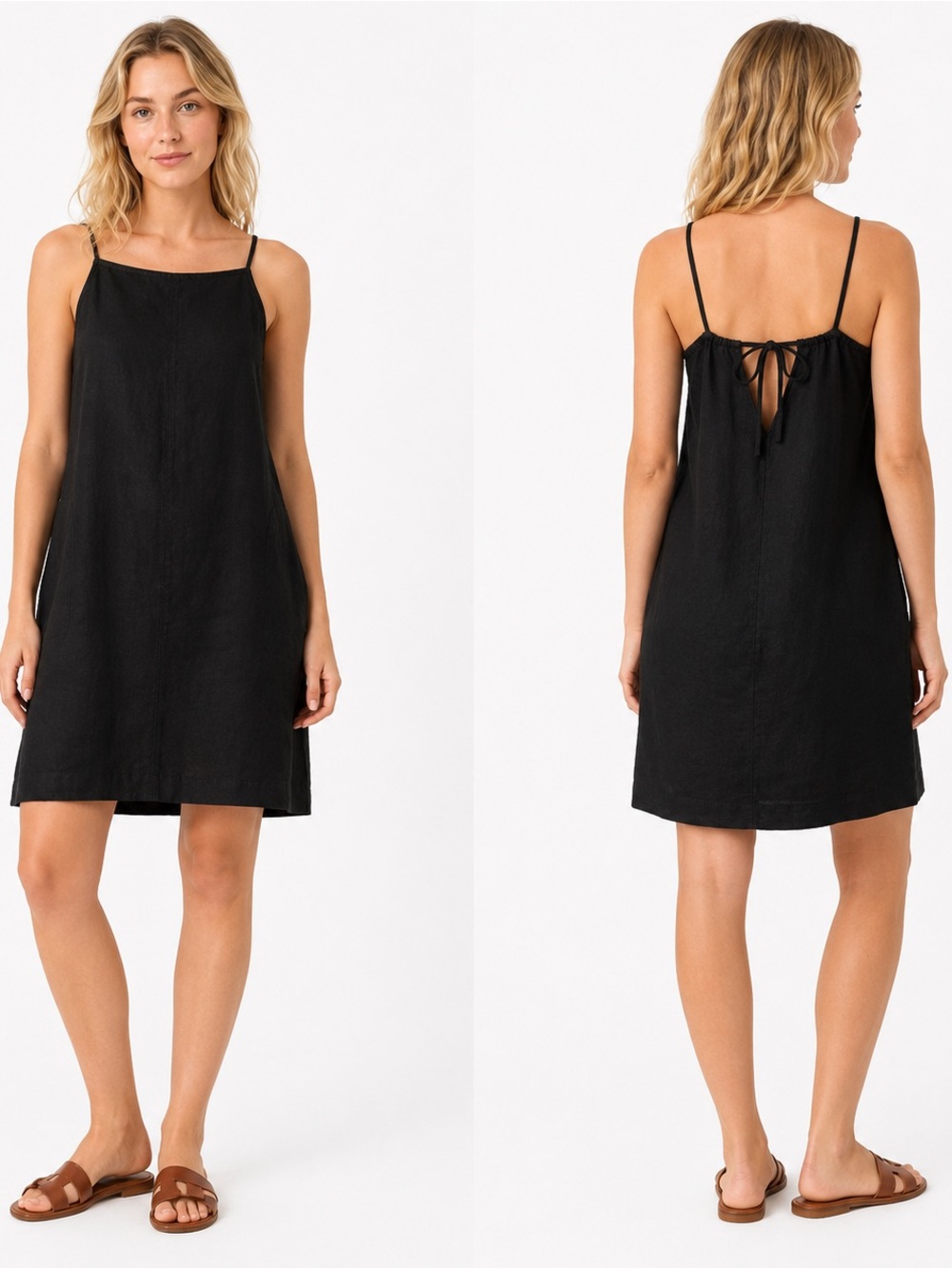 Everlane 100% Linen Black Sleeveless Shift Dress Size XXS Pockets Minimalist